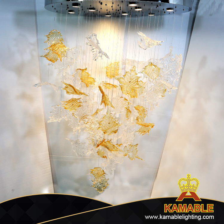 ديكور بهو الفندق مصنوع يدويًا من الزجاج حسب الطلب لإضاءة الثريا على شكل أوراق (KJ034)